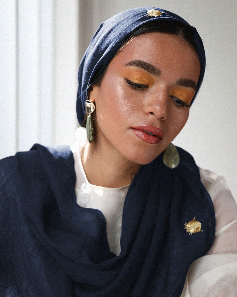 Navy Blue Tarha with Gold ladybug Embroidery "Poplar Tree"