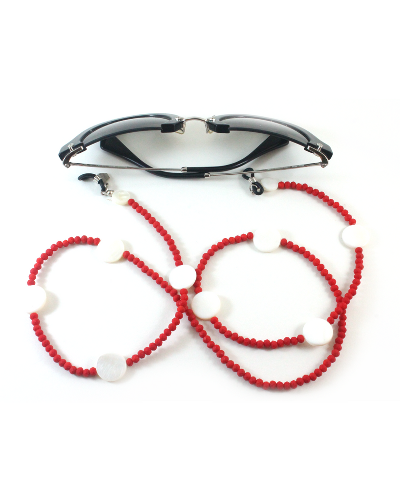 Red Crystals with Mother of Pearl Eyeglass Chain