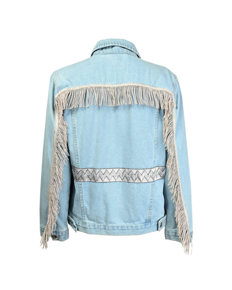 Belted Light Blue Denim Fringed Jacket