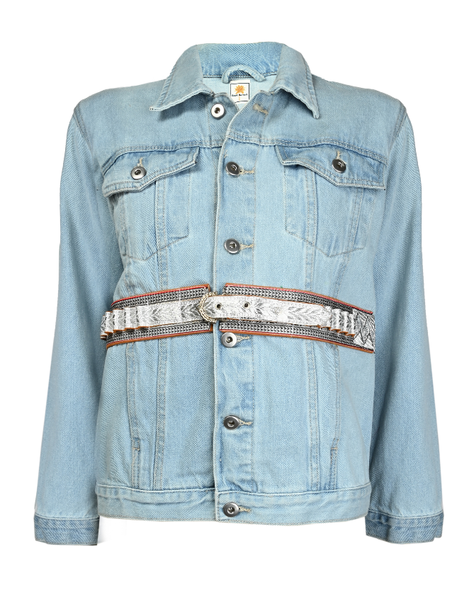 Belted Light Blue Denim Fringed Jacket