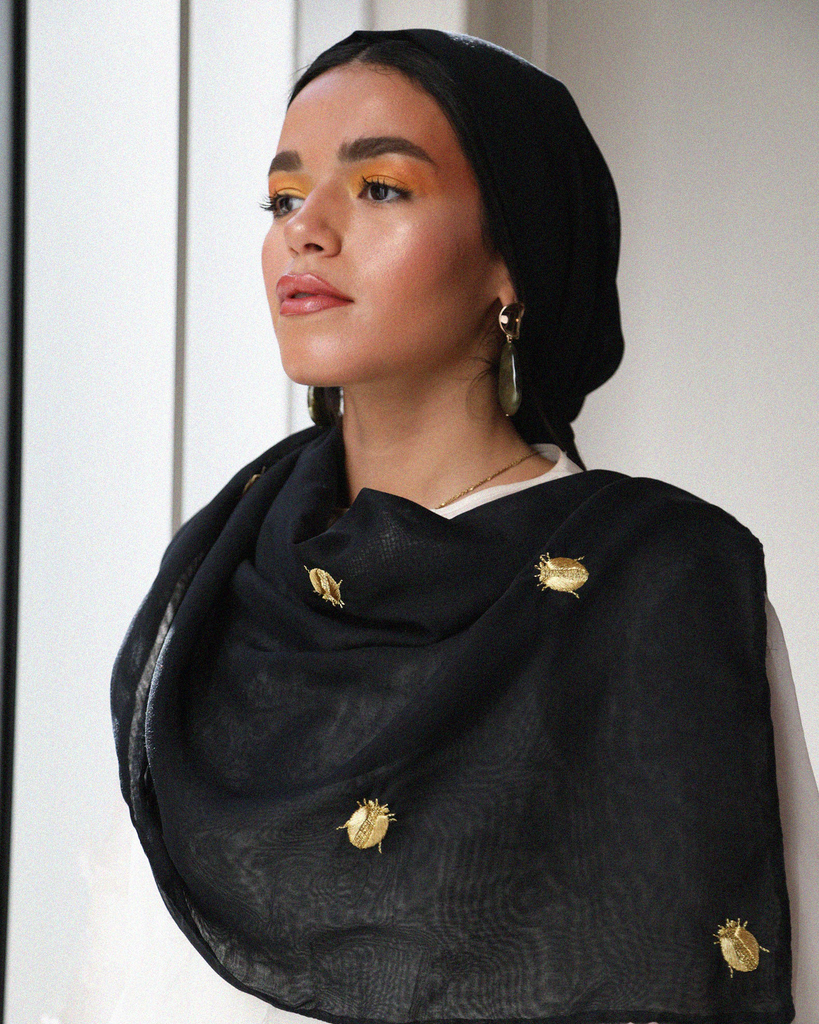 Black Tarha with Gold ladybug Embroidery "Ash Tree"
