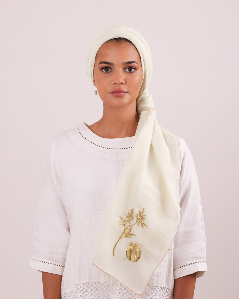 Off-white Tarha with Gold ladybug Embroidery "Cedar Tree"