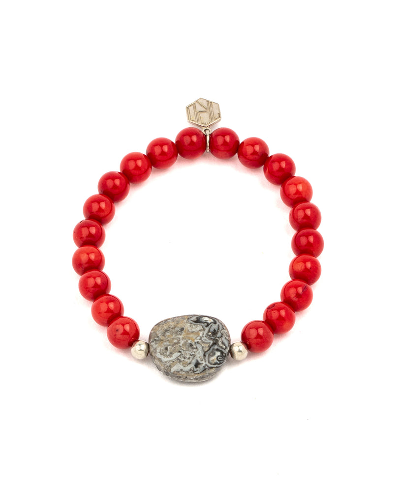 Red Coral Beads with Grey Jasper Bracelet