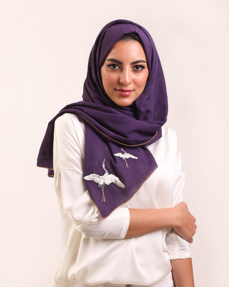 Purple Tarha with Bird Embroidery "Passion"