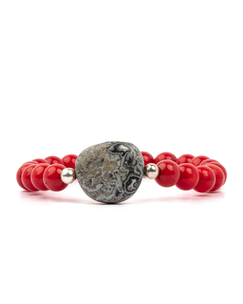 Red Coral Beads with Grey Jasper Bracelet